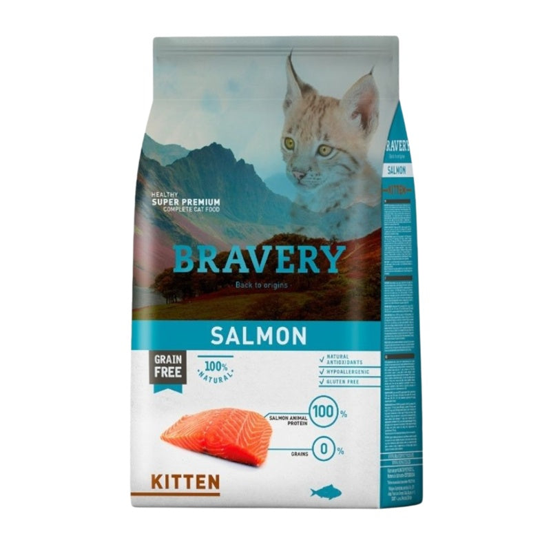 Bravery Kitten Salmón, el alimento completo que tu gatito necesita para crecer fuerte y saludable! Elaborado con salmón deshidratado, esta deliciosa fórmula proporciona todos los beneficios del salmón, conocido por reforzar el sistema inmunológico y prevenir enfermedades cardiovasculares.