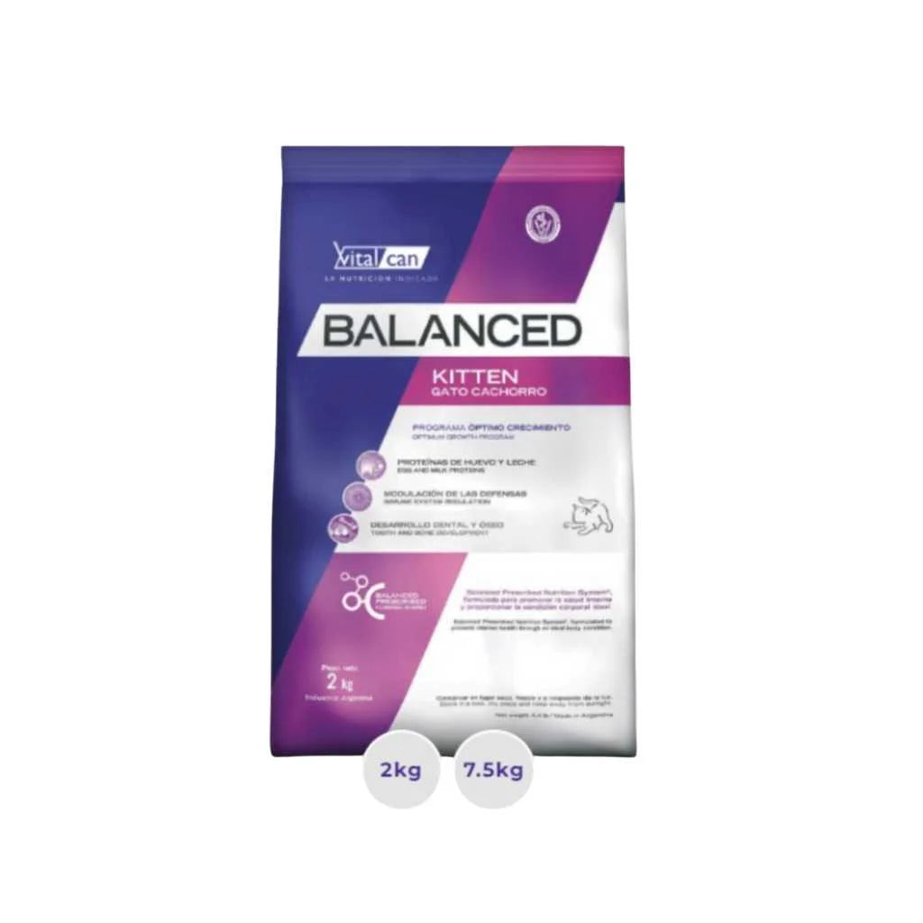 VitalCan Balanced para Gatitos (Hasta los 12 meses), 2kg/7.5kg – Desarrollo Óseo con Calcio/Fósforo, Defensas con Vitamina C y Proteínas de Leche y Huevo