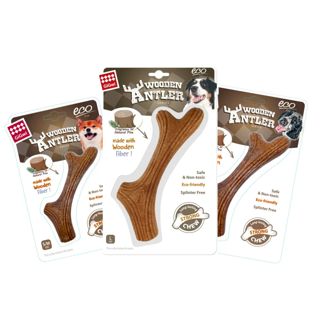Gigwi Wooden Antler Juguete de Masticación para Perros Tallas S/M/L – Fibra de Pino Natural, Limpieza Dental y Aliento Fresco.
