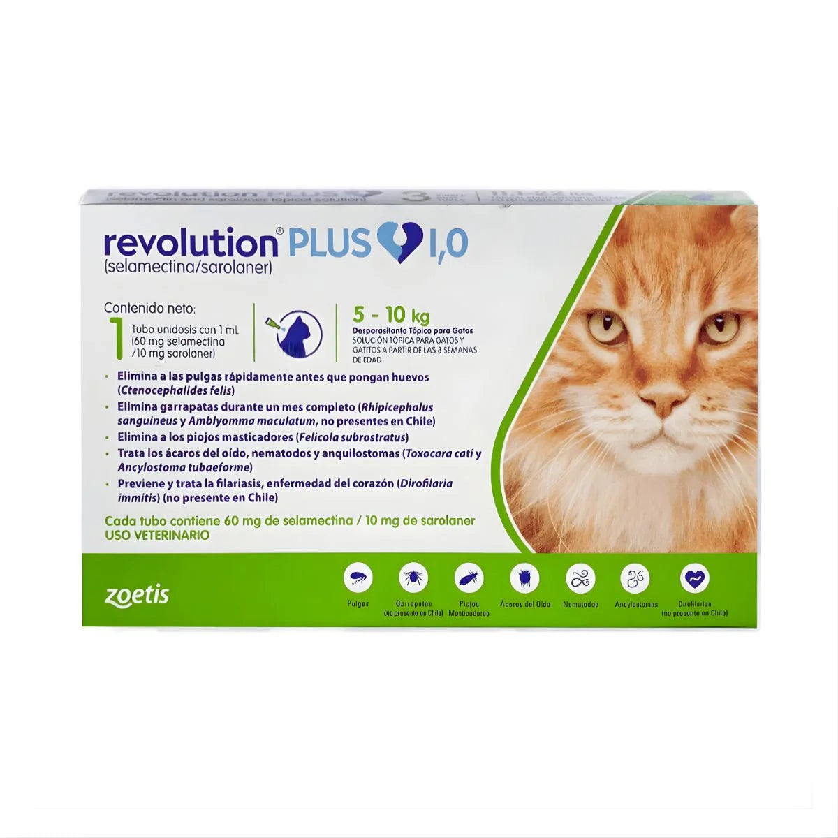 Zoetis Revolution Plus Antiparasitario para Gatos de 5-10 kg, 1 ml – Protección Integral contra Pulgas, Garrapatas y Parásitos Internos.