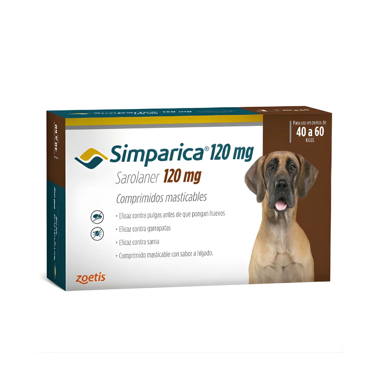 Zoetis Simparica Antiparasitario Oral Masticable para Perros de 40 kg a 60 kg, 3 comprimidos 120 mg – Chañares Pet Shop