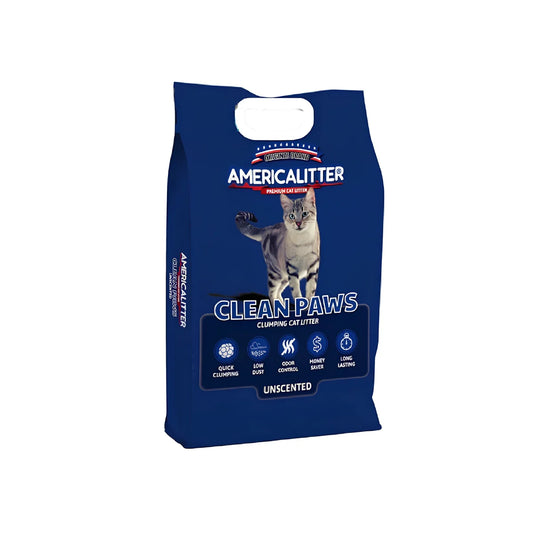 America Litter Clean Paws Arena Aglomerante para Gatos 7 y 15 kg – Fórmula con Bentonita y Zeolita para Control de Olores y Bajo en Polvo.
