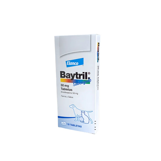 Elanco Baytril Saborizado Antibiótico Bactericida para Perros y Gatos 10 Comprimidos 50 mg – Enrofloxacina de Amplio Espectro para Infecciones Respiratorias, Urinarias y de Piel.