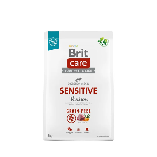 Brit Care Sensitive Venado y papas es un alimento hipoalergénico formulado con ciervo y patata indicado para perros con digestiones delicadas e intolerancia alimentaria. Es un alimento sin cereales como el arroz, el trigo o el maíz. No contiene soja, carne de cerdo, el trigo, el maíz, los organismos genéticamente modificados y otras sustancias negativas. El equilibrio adecuado de calcio y el fósforo contribuye al desarrollo armónico de los huesos y las articulaciones y previene los problemas de crecimiento.