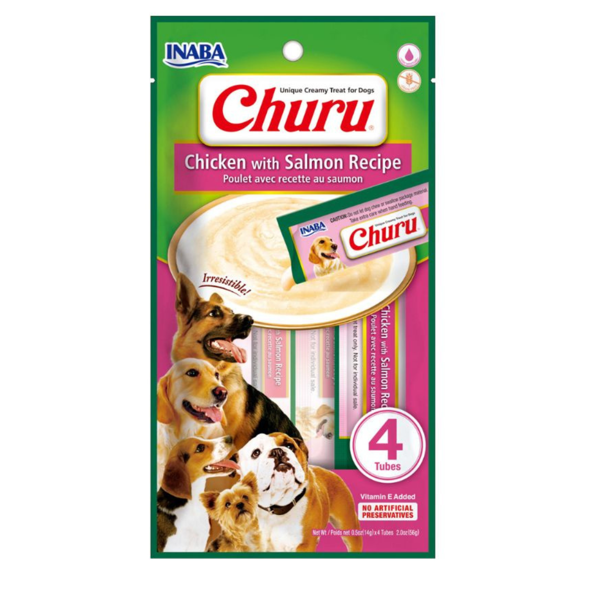 ¡Estas golosinas cremosas para perros están hechas con pollo de granja 100% puro y natural! Disponible en cinco deliciosas variedades, Churu® Purées tiene un alto contenido de humedad que los caninos necesitan para la salud. Simplemente abra un tubo y apriételo un poco para alimentar a mano estas golosinas sin cereales ni conservantes. También puede verterlos en un tazón o usarlos como aderezo sabroso en alimentos húmedos o secos.

Hecho con pollo y salmón del Pacífico 100% puro y natural de granja.
Sin gra