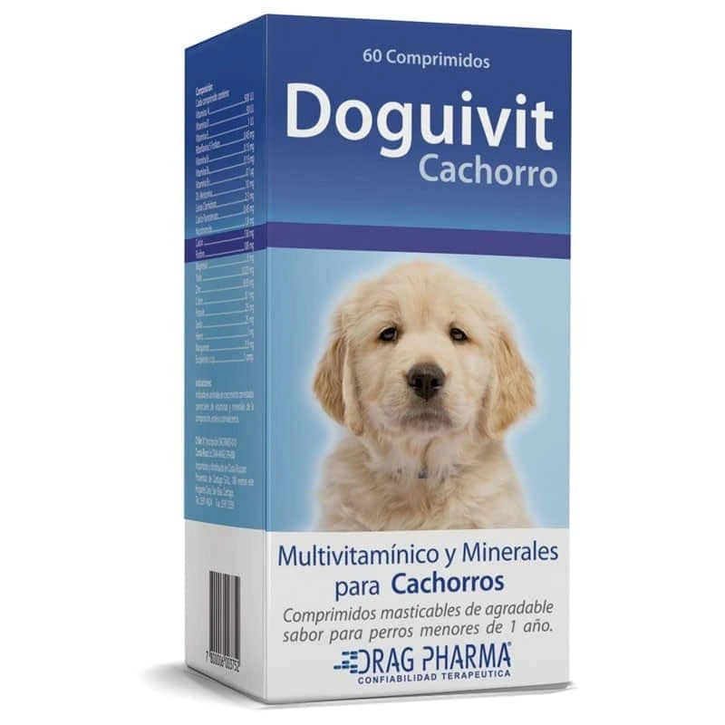 Drag Pharma Doguivit Multivitamínico para Cachorros de 2 a 12 meses 60 Comprimidos – Refuerza Defensas y Favorece un Crecimiento Saludable