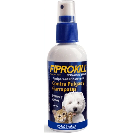 Drag Pharma FiproKill Spray Antiparasitario de Acción Rápida para Perros y Gatos 50ml – Elimina Pulgas y Garrapatas, Protección Duradera