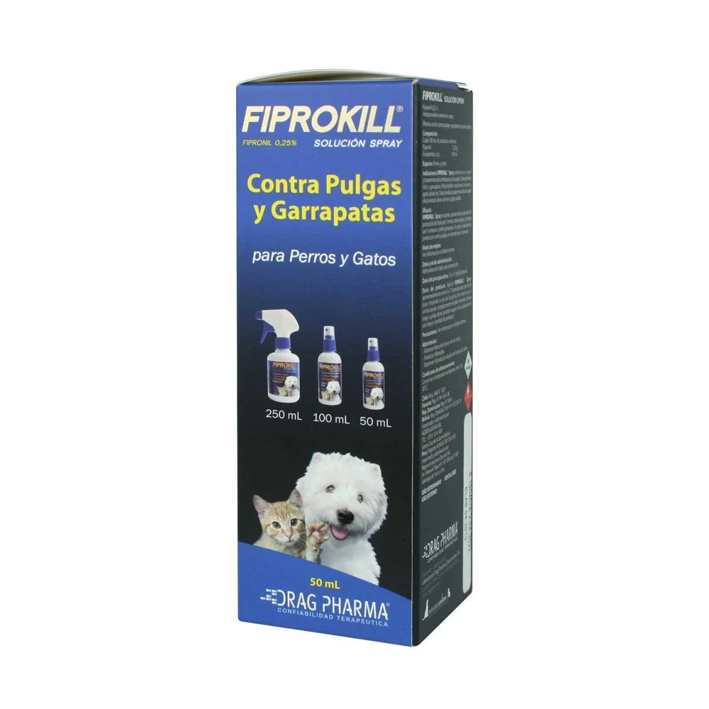 Drag Pharma FiproKill Spray Antiparasitario de Acción Rápida para Perros y Gatos 50ml – Elimina Pulgas y Garrapatas, Protección Duradera