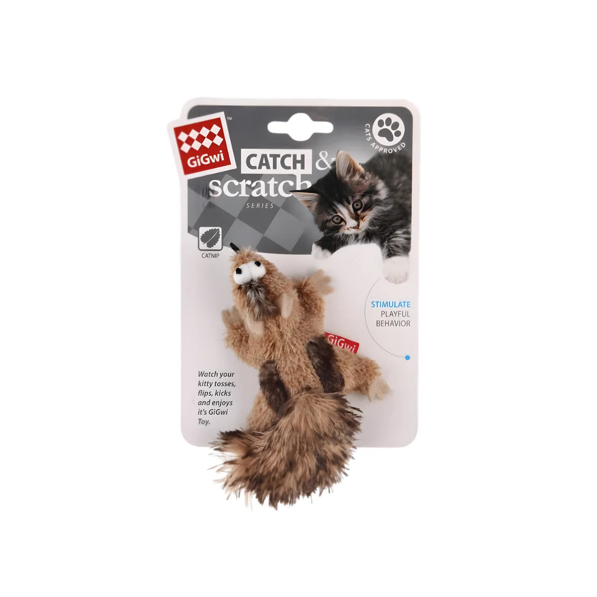 GiGwi Catch and Scratch Ardilla Juguete para Gatos con Catnip y Cascabel – Felpa Suave para Rascar, Morder y Estimular los Sentidos Felinos.
