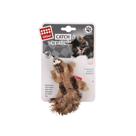 GiGwi Catch and Scratch Ardilla Juguete para Gatos con Catnip y Cascabel – Felpa Suave para Rascar, Morder y Estimular los Sentidos Felinos.