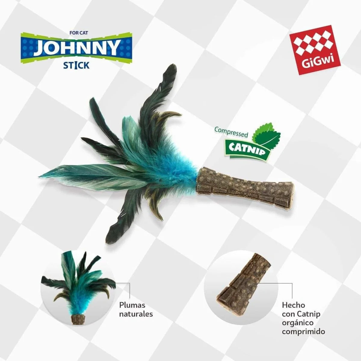 GiGwi Johnny Stick Juguete para Gatos con Catnip y Plumas Azul/Negras – Varita Interactiva para Estimular el Instinto de Caza.