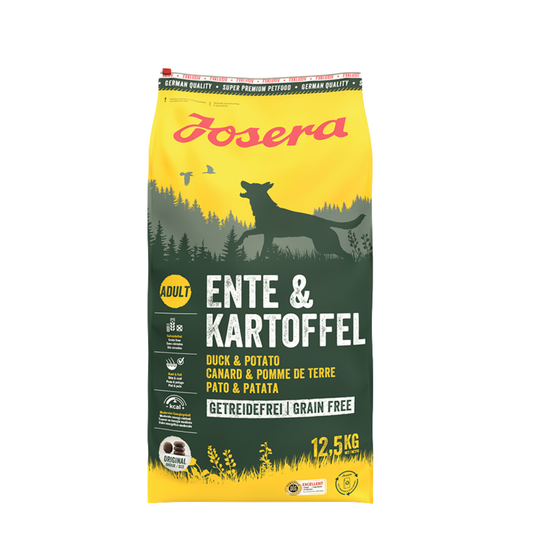Josera Ente & Kartoffel Adulto Pato Alimento Hipoalergénico Sin Cereales Para Perros Adultos De Todas Las Razas 12.5 kg - Monoproteico de pato 26% con biotina para piel sana y pelaje brillante