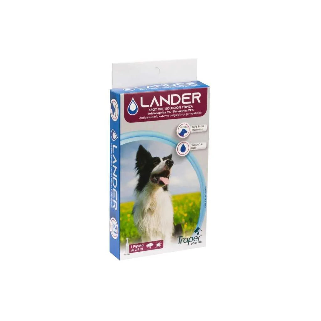 Traper Lander Pipeta Antipulgas y Garrapatas para Perros de Raza Mediana (10-25 kg) 2.5ml – Elimina y Previene Infestaciones con Protección Duradera