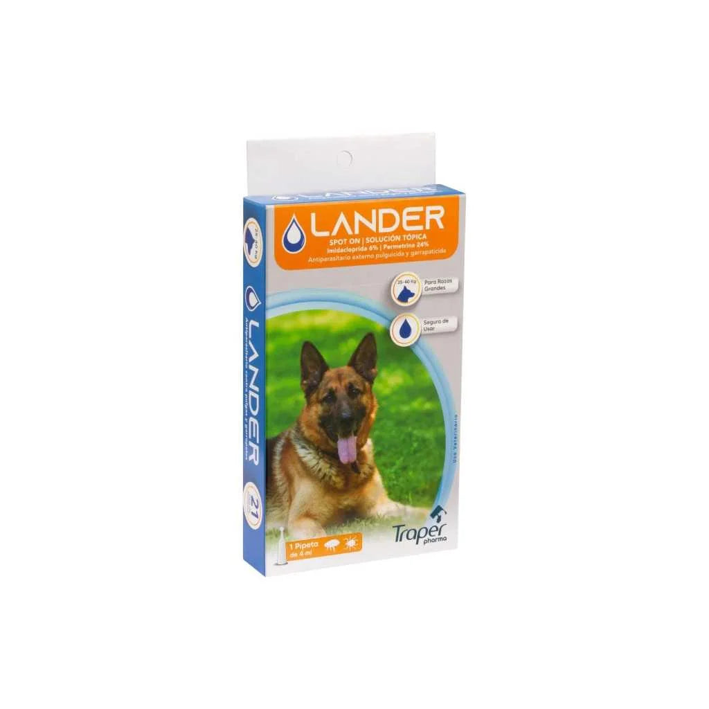 Traper Lander Pipeta Anti Pulgas y Garrapatas para Perros de Raza Grande (25-40 kg), 4ml – Elimina y Previene Infestaciones con Protección Duradera