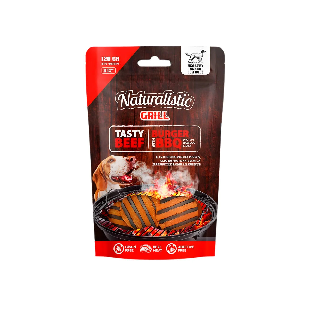 Naturalistic Grill Hamburguesa de Carne BBQ Snack para Perros 120 gr – Elaborada con Carne de Vacuno 100% Real y Sabor a Parrilla.