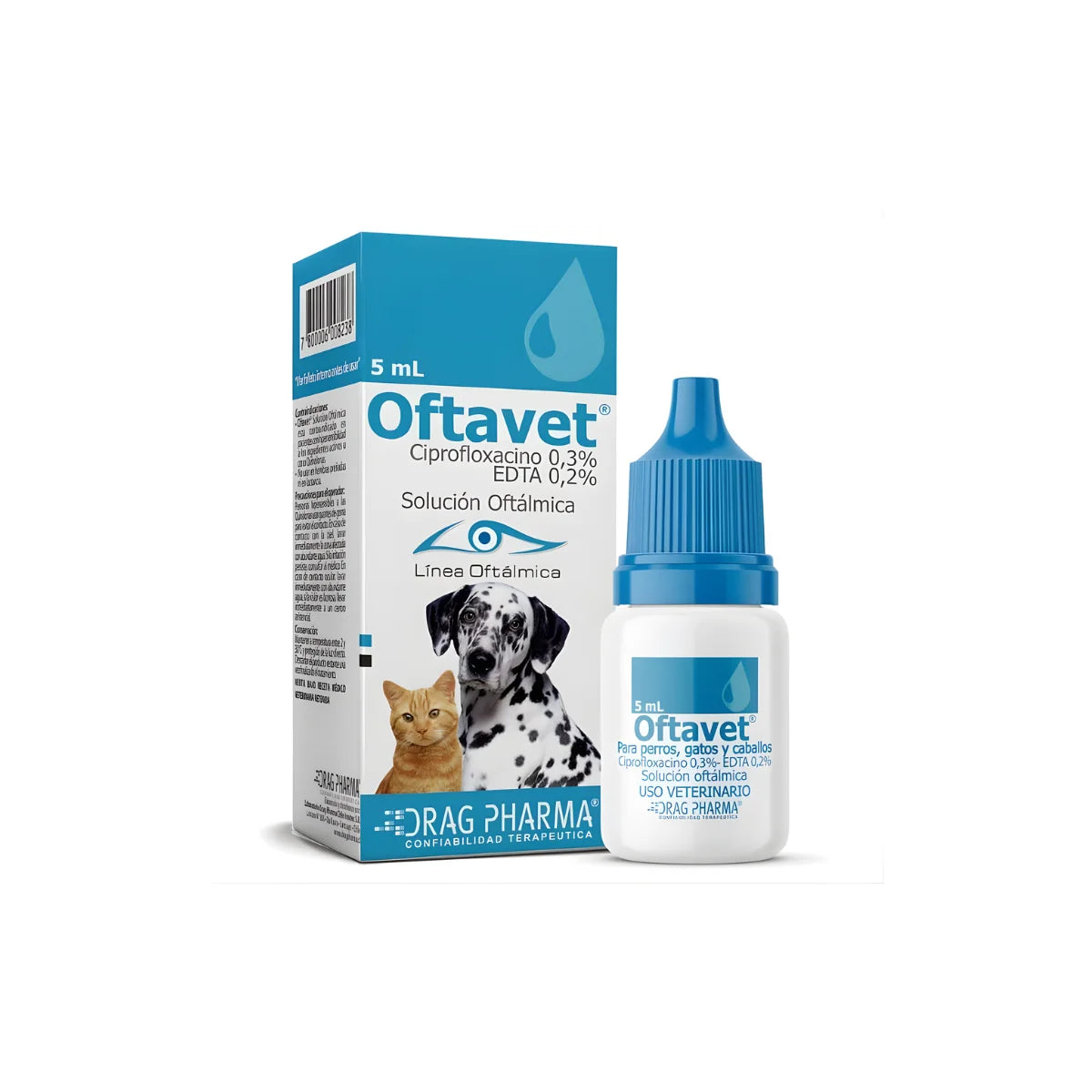 Drag Pharma Oftavet Solución Oftálmica para Perros y Gatos 5 ml – Antibiótico Tópico para Infecciones Oculares y Úlceras Corneales.