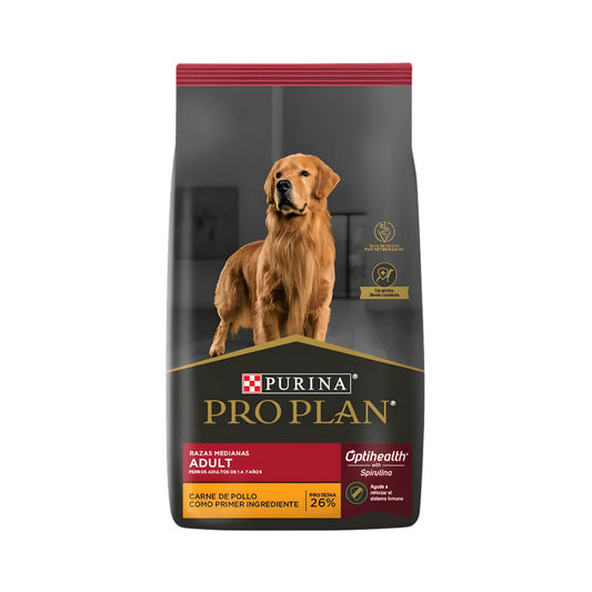 Purina Pro Plan Adult Alimento para Perros Adultos de  Raza Mediana 12 kg – Con Pollo como Primer Ingrediente y Optihealth con Spirulina.