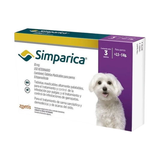 Zoetis Simparica Antiparasitario Oral Masticable para Perros 2.5 a 5 kg, 10 mg – Elimina Pulgas, Garrapatas y Sarna Sarcóptica con Protección de 5 Semanas y Acción Inmediata