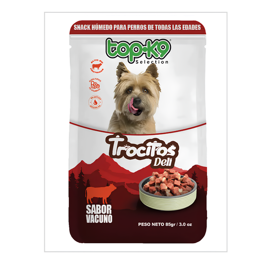 TopK9 Trocitos Deli Vacuno – Snack húmedo natural para perros
Los TopK9 Trocitos Deli de Vacuno son un snack húmedo para perros elaborado con proteína de alta calidad como primer ingrediente, ofreciendo una fuente natural y poderosa de energía para tu mascota.

Su fórmula rica en nutrientes lo convierte en un complemento ideal para una dieta balanceada, siendo perfecto como premio, aderezo para alimentos secos o simplemente para consentir a tu perro en cualquier momento del día.

Elaborados sin aditivos art