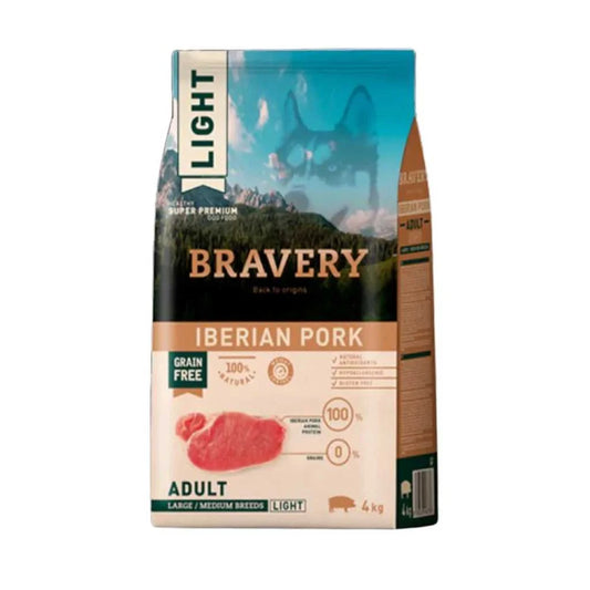 Bravery Adult LIGHT de Cerdo Ibérico para Perros Adultos de Raza Mediana/Grande (+12 kg), 12kg – Monoproteico Hipoalergénico, Digestión Sensible y Vitalidad con Proteína Premium