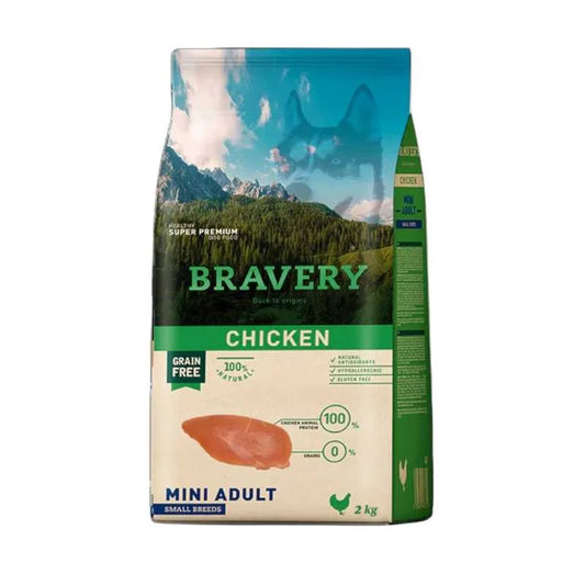 Bravery Mini Adult Pollo para Perros Adultos de Razas Pequeñas y Miniatura (1-10 kg), 2kg – Monoproteico Sin Granos, Hipoalergénico y Alta Digestibilidad