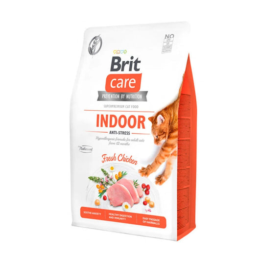 Brit Care Indoor Anti Estrés de Pollo para Gatos de Interior Adultos, 2 kg/7 kg – Reduce el Estrés, Salud Intestinal con Probióticos y Control de Bolas de Pelo
