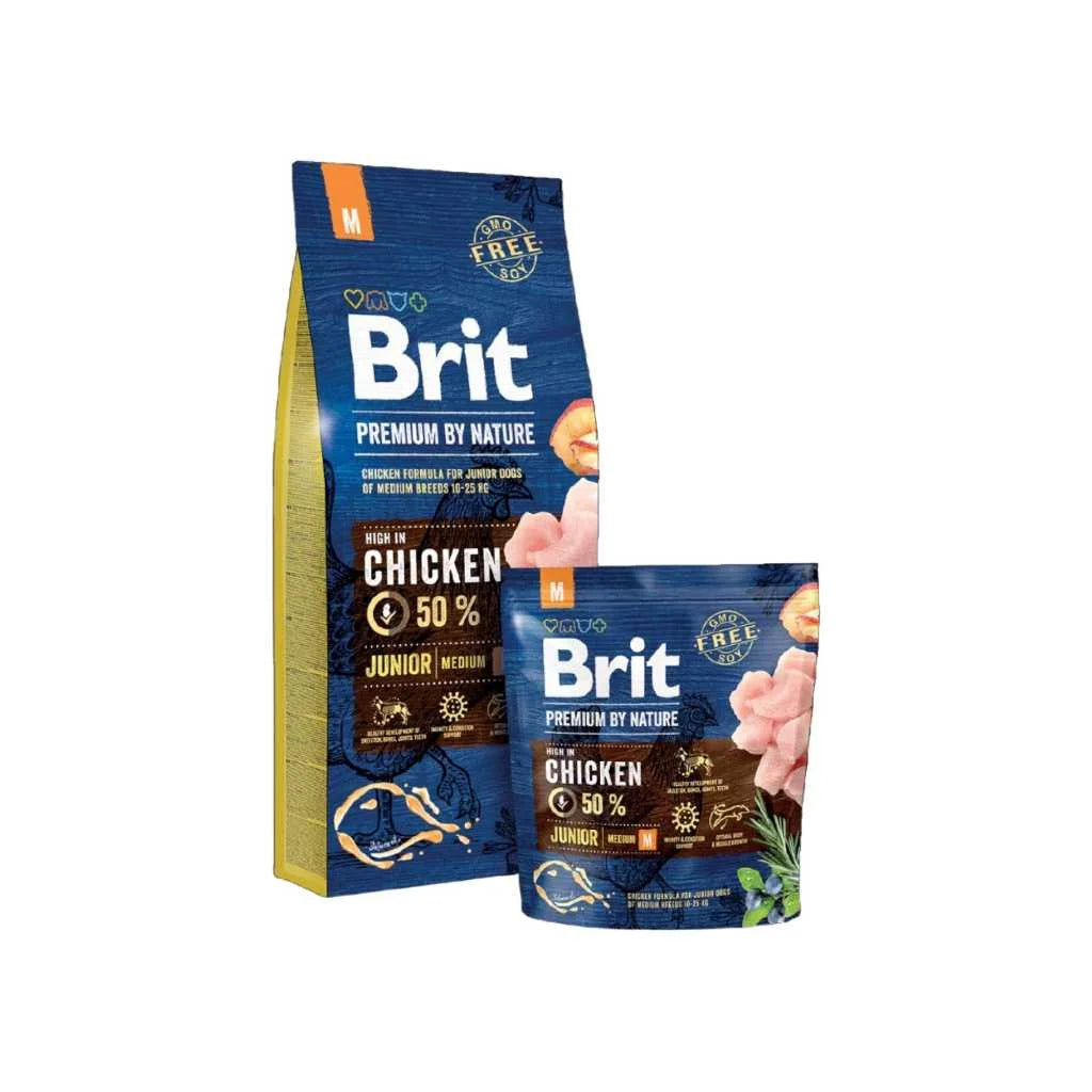 Brit Premium by Nature Junior M de Pollo para Cachorros de Raza Mediana (1-12 meses | 10-25 kg), 3kg/15kg – Desarrollo Óseo y Articular, Soporte Inmunológico y Crecimiento Muscular con Pollo