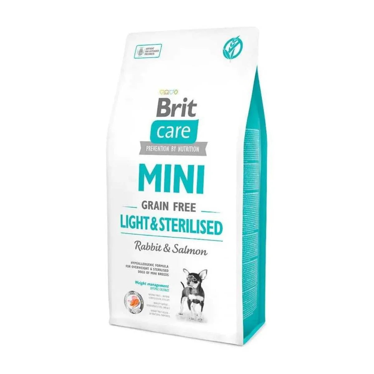 Brit Care Mini Light & Sterilised de Conejo y Salmón para Perros Adultos de Raza Pequeña y Miniatura, 2kg/7kg – Control de Peso 26% Proteína, Hipoalergénico Sin Cereales y Mantenimiento Muscular