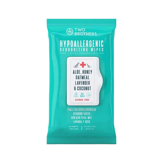 Two Brothers Toallitas Hipoalergénicas Desodorizantes para Perros y Gatos 40 Unidades – Con Aloe Vera y Avena, Limpieza Sin Alcohol ni Jabón