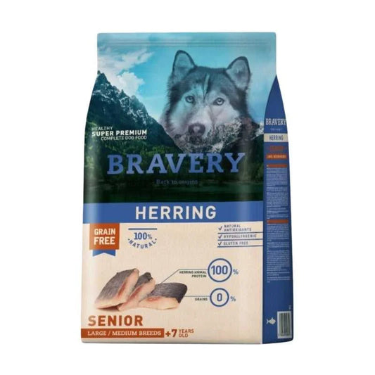 Bravery Herring Senior para Perros de Edad Avanzada (7+ Años) de Raza Mediana/Grande 4kg – Monoproteico con Arenque, Omega 3 para Articulaciones y Desarrollo Cognitivo, Sin Granos