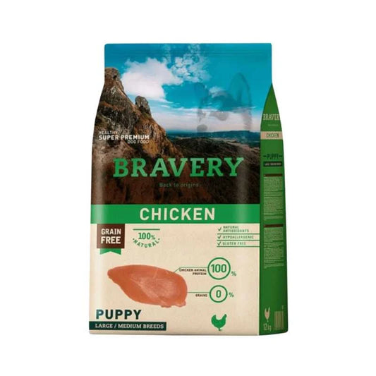 Bravery Chicken Puppy para Perros Cachorros de Raza Mediana/Grande (2-12 meses | +12 kg) 4kg – Monoproteico con Pollo Deshidratado, Hipoalergénico Sin Granos y Digestión Sensible