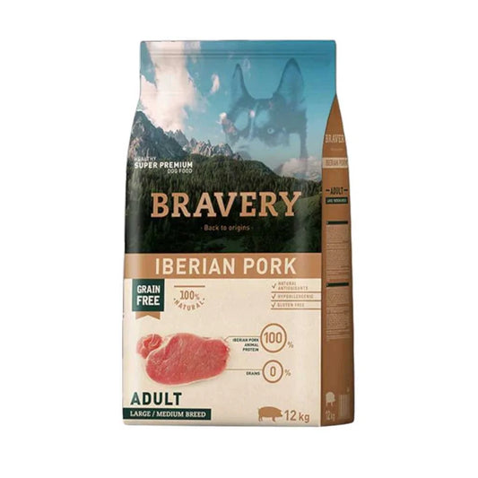 Bravery Iberian Pork Adult para Perros Adultos de Raza Mediana/Grande (+12 kg | 1+ año) 4kg y 12kg – Monoproteico con Cerdo Ibérico, Hipoalergénico Sin Granos y Alta Digestibilidad