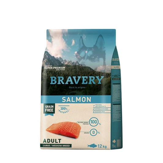 Bravery Adult de Salmón para Perros Adultos de Raza Mediana/Grande (+12 kg | 1+ año) 4kg – Monoproteico con Salmón Deshidratado, Omega 3 para Piel/Pelaje y Articulaciones, Sin Granos