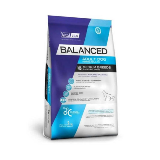 VitalCan Balanced Adulto para Perros de Raza Mediana (10-25kg), 3kg y 12kg – Defensas Fortalecidas con Vitamina C, Músculos Magros y Control de Sarro con Hexametafosfato