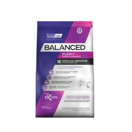 VitalCan Balanced Puppy para Perros Cachorros de Raza Mediana (2-12 meses) 3kg y 12kg – Desarrollo Óseo con Calcio/Fósforo, Defensas con Vitamina C y Proteínas de Leche y Huevo