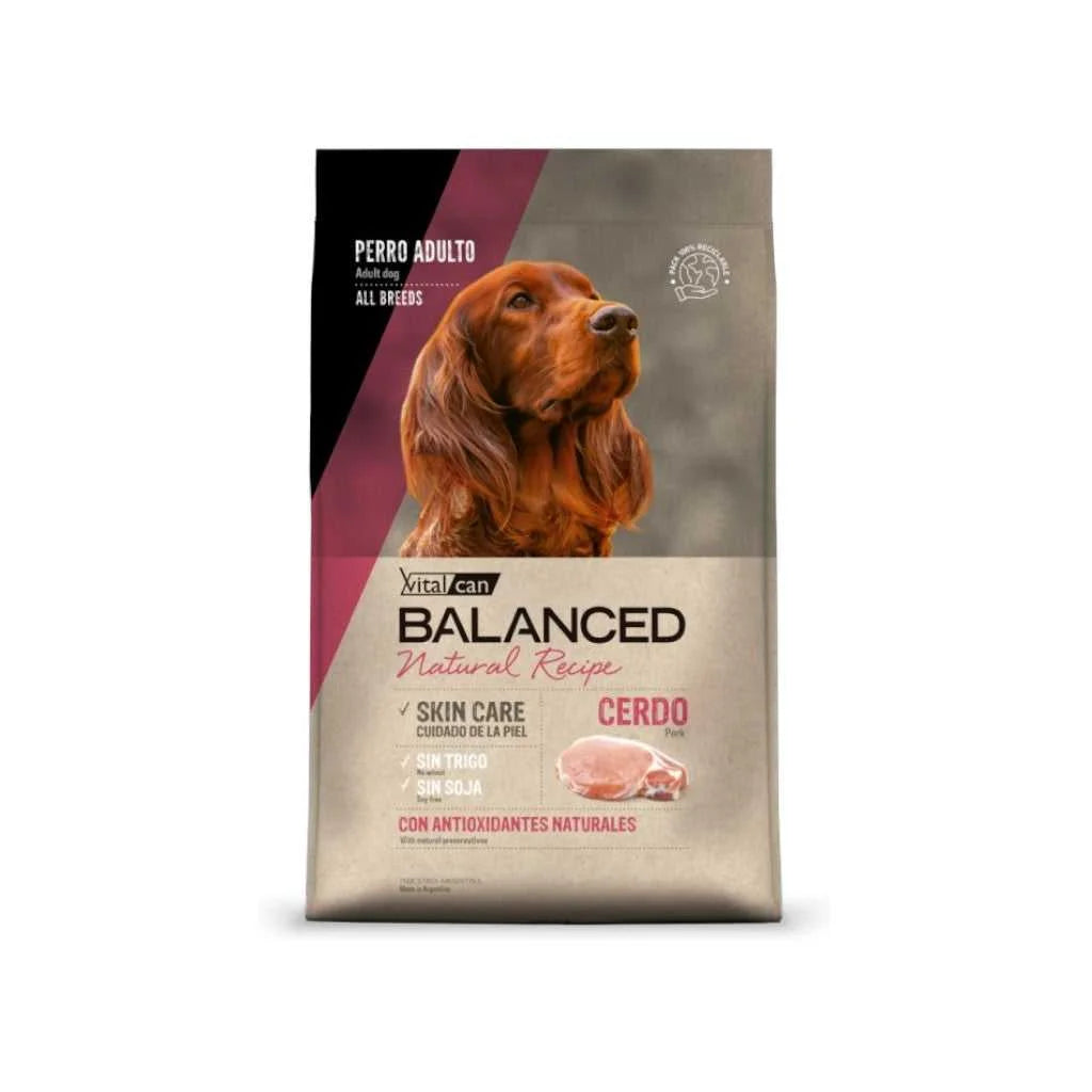 Vitalcan Balanced Natural Recipe Cerdo para Perros de Todas las Razas, 3kg y 15kg – Monoproteico para Alergias, Piel Sana con Omega 3 y Digestión Sensible con Prebióticos