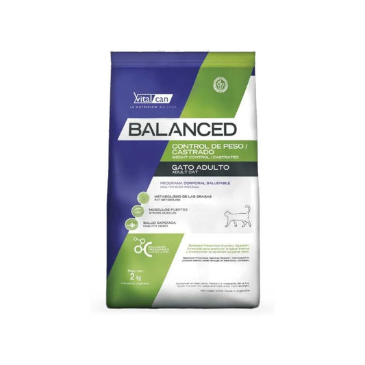 VitalCan Balanced Gato Castrado Control de Peso para Gatos Adultos, 2kg/7.5kg – L-Carnitina para Metabolismo de Grasas, Proteína Alta para Músculos y Salud Articular con Glucosamina
