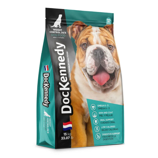 Doc Kennedy Control de Peso 24/08 para Perros Adultos con Sobrepeso de Todas las Razas, 15kg – Control de Peso con Cerdo Deshidratado, Salud Dental con Tripolifosfato y Omega 3/6 para Piel y Corazón