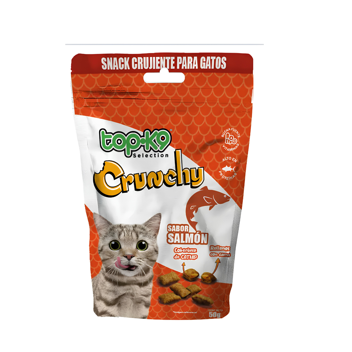 TopK9 Crunchy Snacks Salmón Con Catnip Para Gatos 50g - Rellenos de carne real con albacora, salmón o atún para máxima palatabilidad