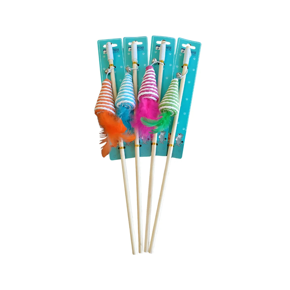 Mondo Mascota Varita Interactiva de Madera para Gatos con Plumas y Campana – Colores Variados, Estimula el Instinto de Caza.