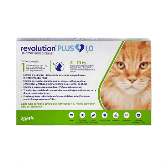 Zoetis Revolution Plus Antiparasitario para Gatos de 5-10 kg, 1 ml – Protección Integral contra Pulgas, Garrapatas y Parásitos Internos.