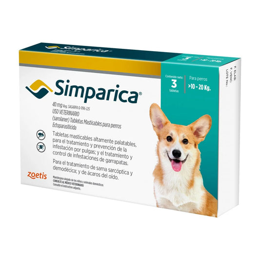 Zoetis Simparica Antiparasitario Oral Masticable para Perros 10 a 20 kg 40 mg – Elimina Pulgas, Garrapatas, Sarna y Ácaros con Protección Mensual