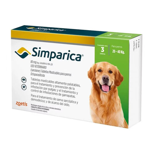 Zoetis Simparica Antiparasitario Oral Masticable para Perros 20 a 40 kg 80 mg – Elimina Pulgas, Garrapatas, Sarna y Ácaros con Protección Mensual y Acción Rápida